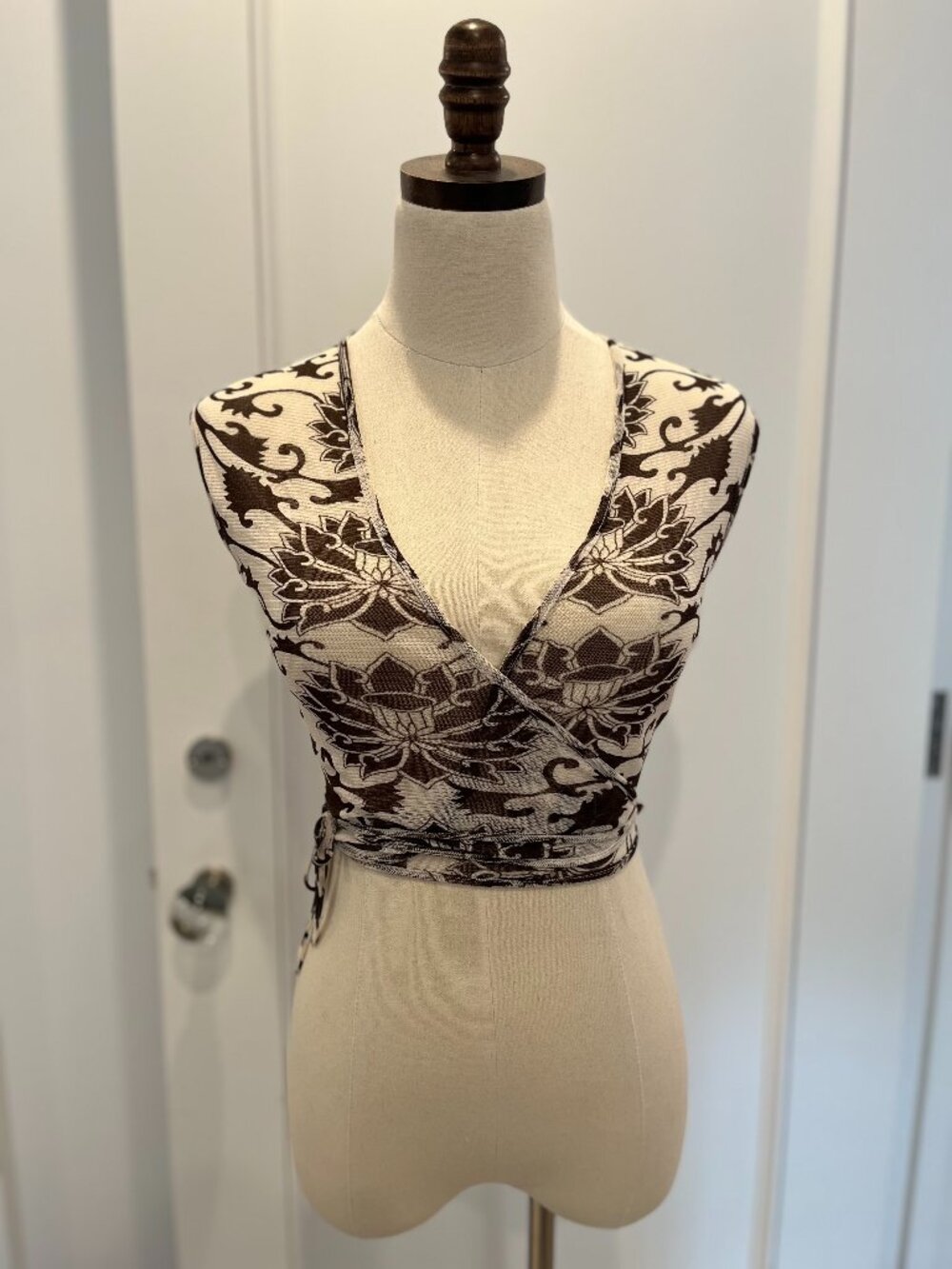 Sheer Mesh Vivienne Tam Brown & White Wrap Top Size Small